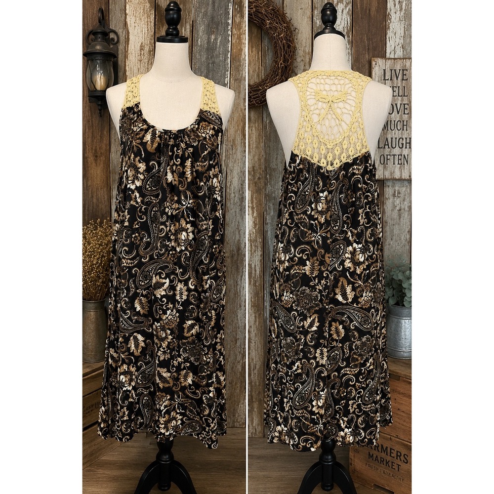 Y2K Just Love Paisley Crochet Racerback Midi Dress Black Medium Cottagecore